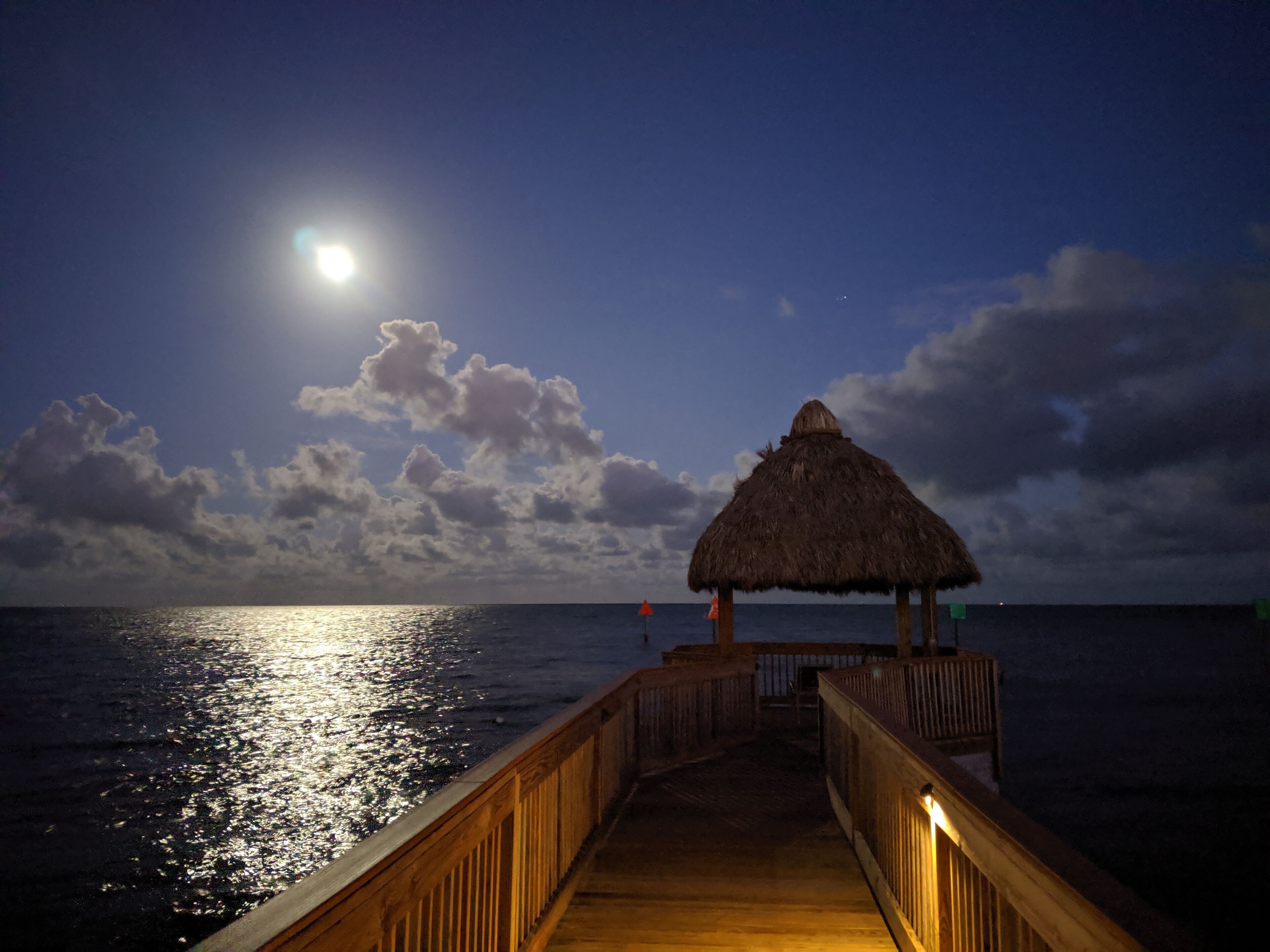 A wooden pier leading to a thatched-roof structure with a view of the ocean and a moonlit sky.