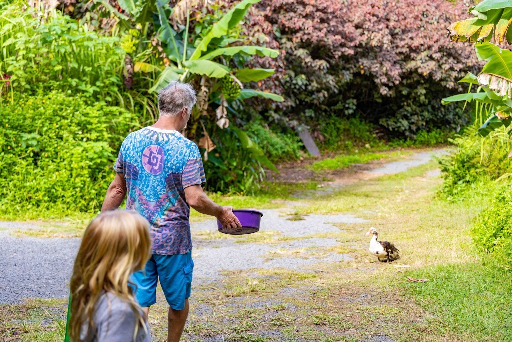 Un homme se promène sur un sentier, accompagné d’un enfant et d’un canard, le tout dans un environnement verdoyant et luxuriant.