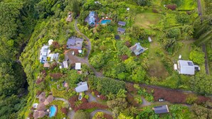 An aerial view of a residential area with multiple houses, solar panels, and lush greenery.