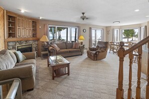 TV, fireplace, DVD player, toys