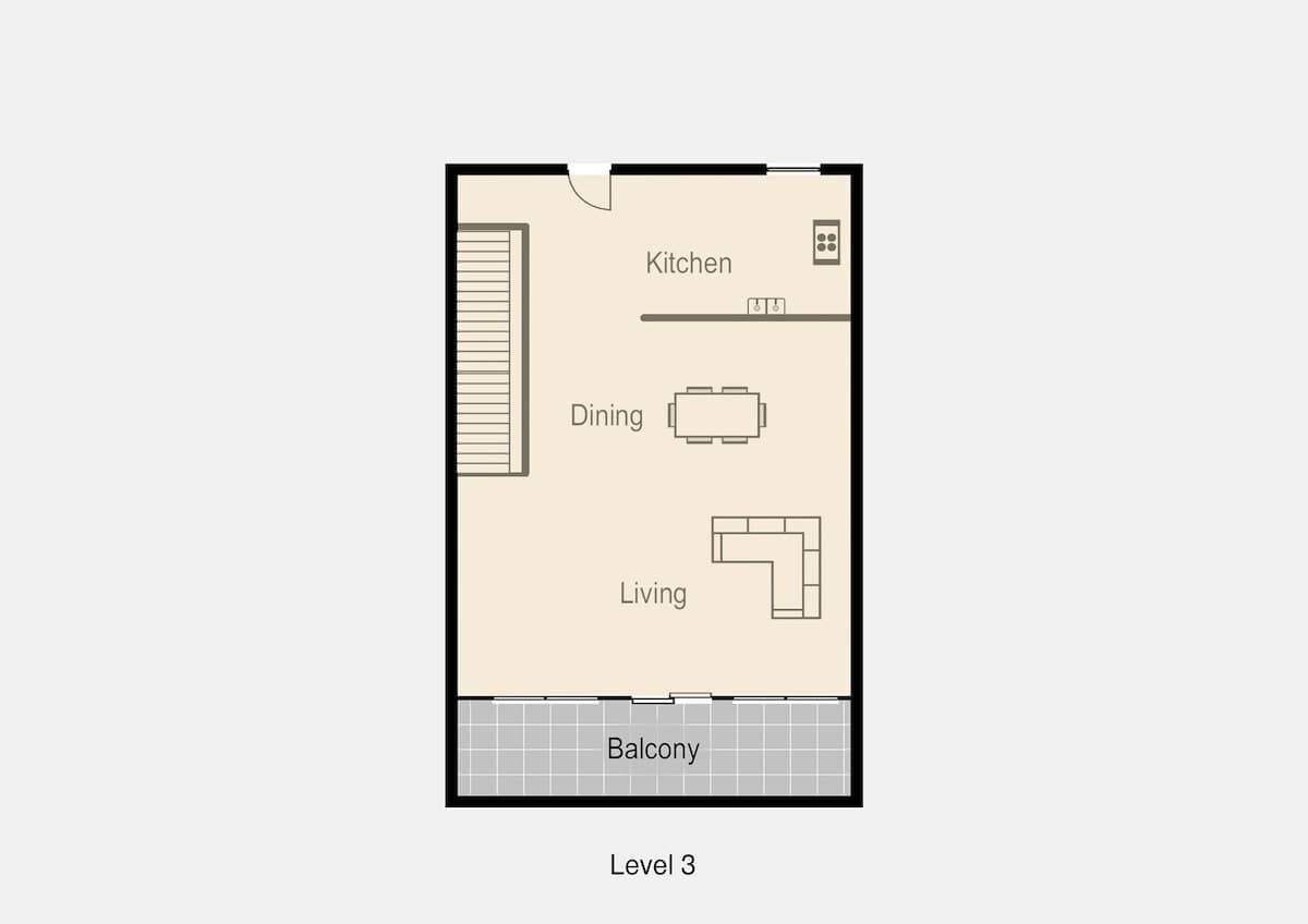 A floor plan of a Level 3 apartment with a kitchen, dining area, living room, and balcony.