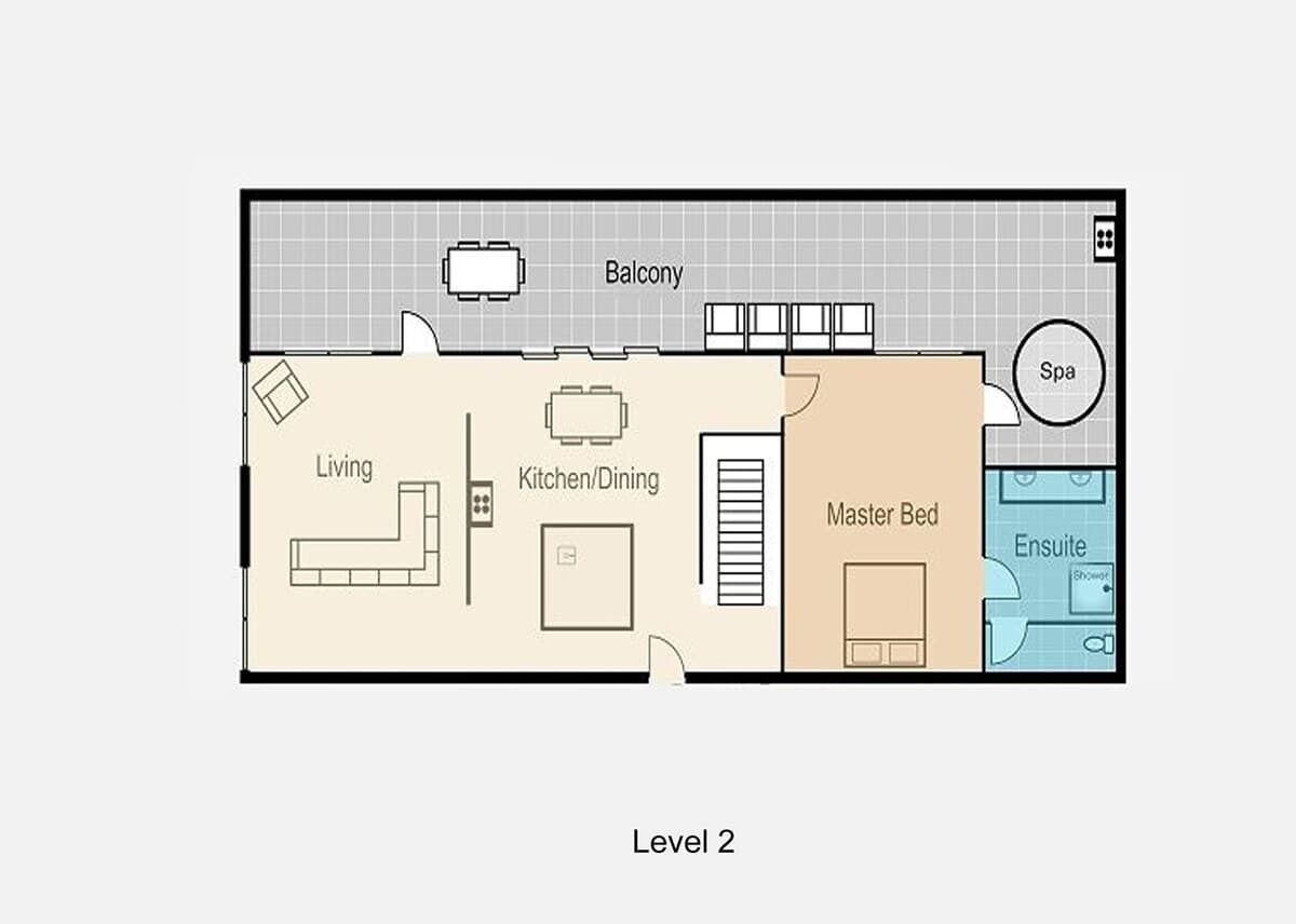 A Level 2 floor plan with a living area, kitchen/dining, master bedroom, balcony, spa, and ensuite bathroom.