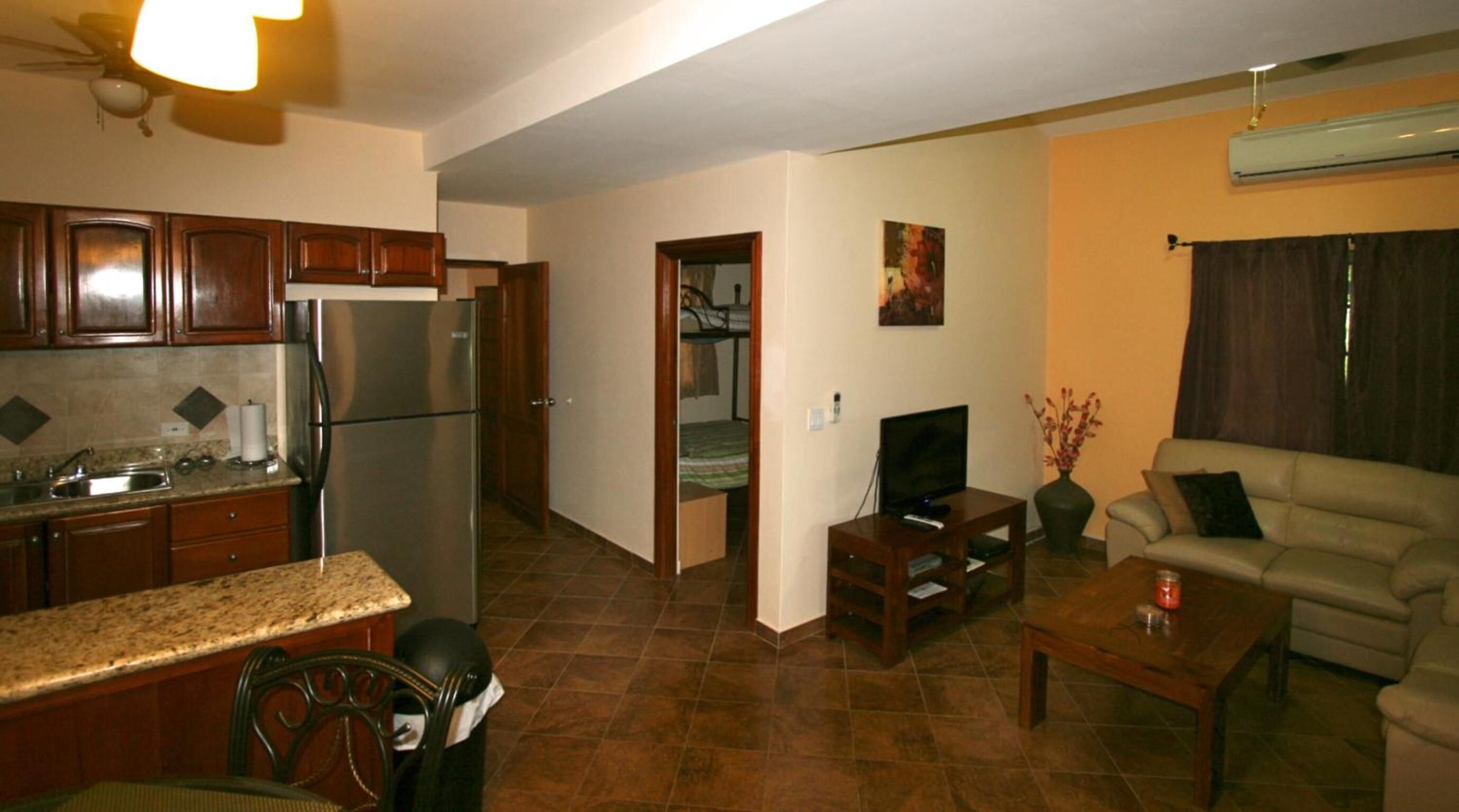 A compact living space with a kitchen, dining area, and a living room.