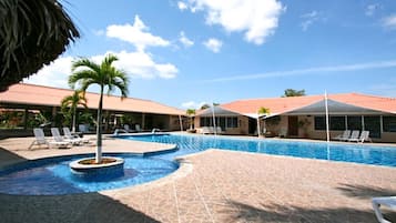 Outdoor pool, pool umbrellas, sun loungers