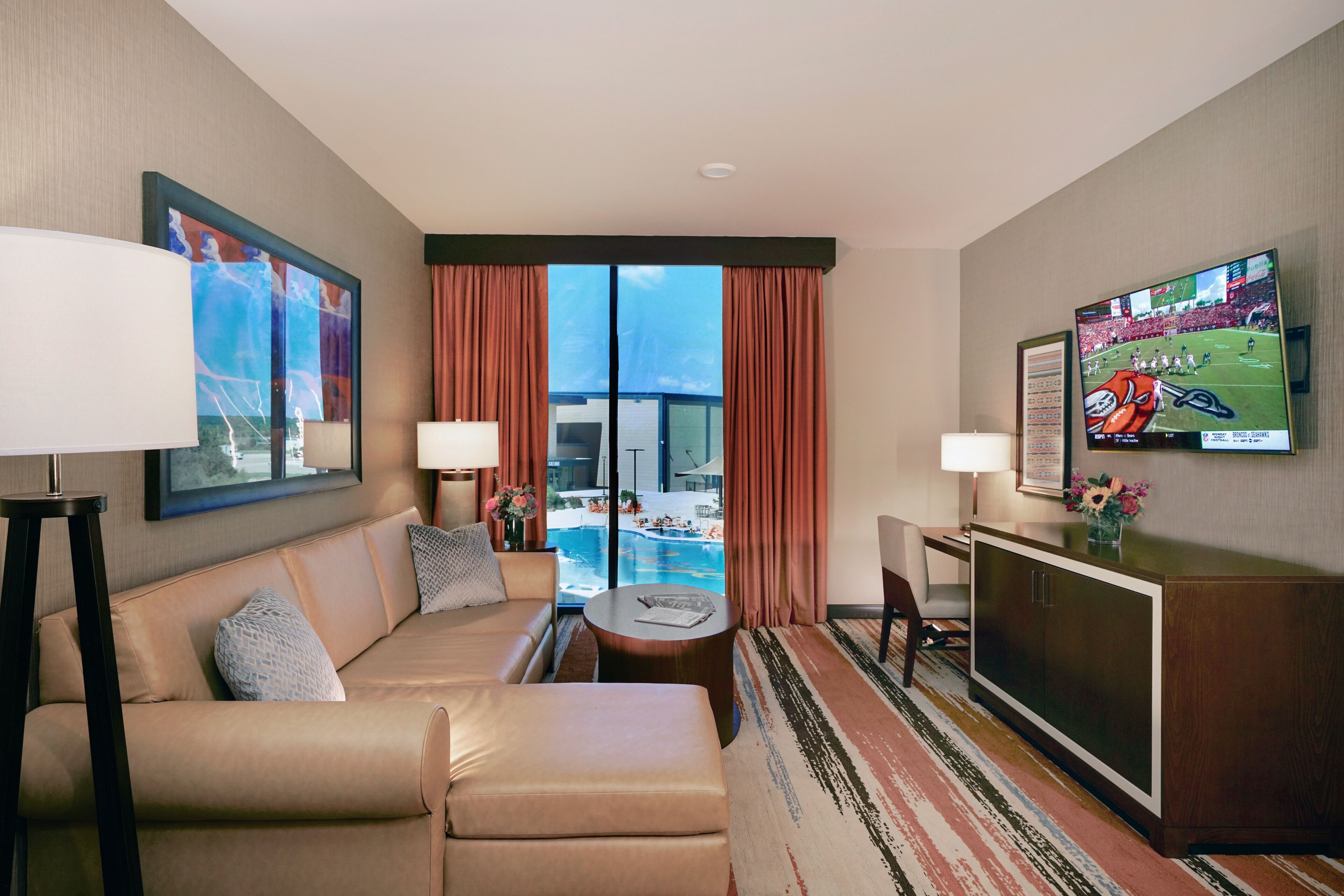 49-inch flat-screen TV with cable channels, TV, iPod dock