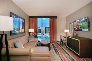 49-inch flat-screen TV with cable channels, TV, iPod dock