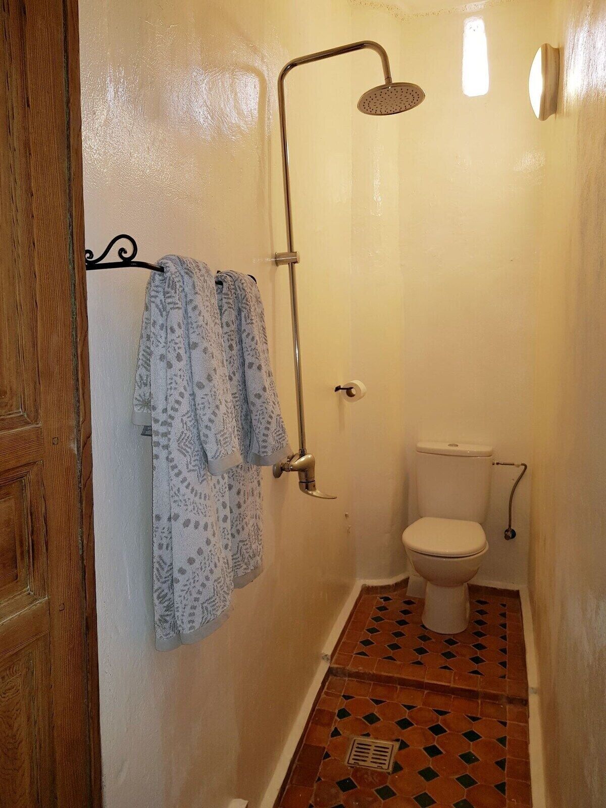 Une petite salle de bain avec douche, toilettes et carrelage à motifs.