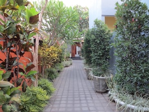 Un camino pavimentado bordeado de plantas y árboles, que conduce a la entrada de un edificio.