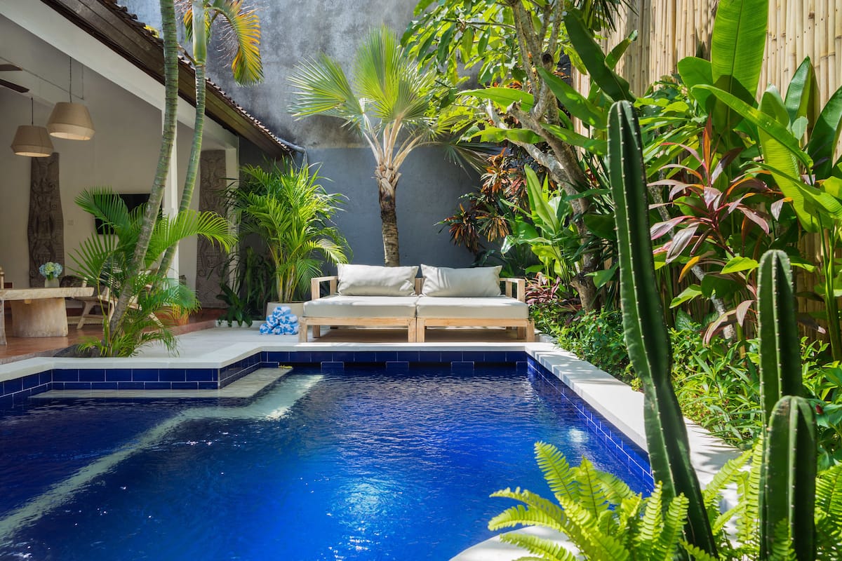 A pool area with a wooden bench and cushions, surrounded by tropical plants and a cactus.