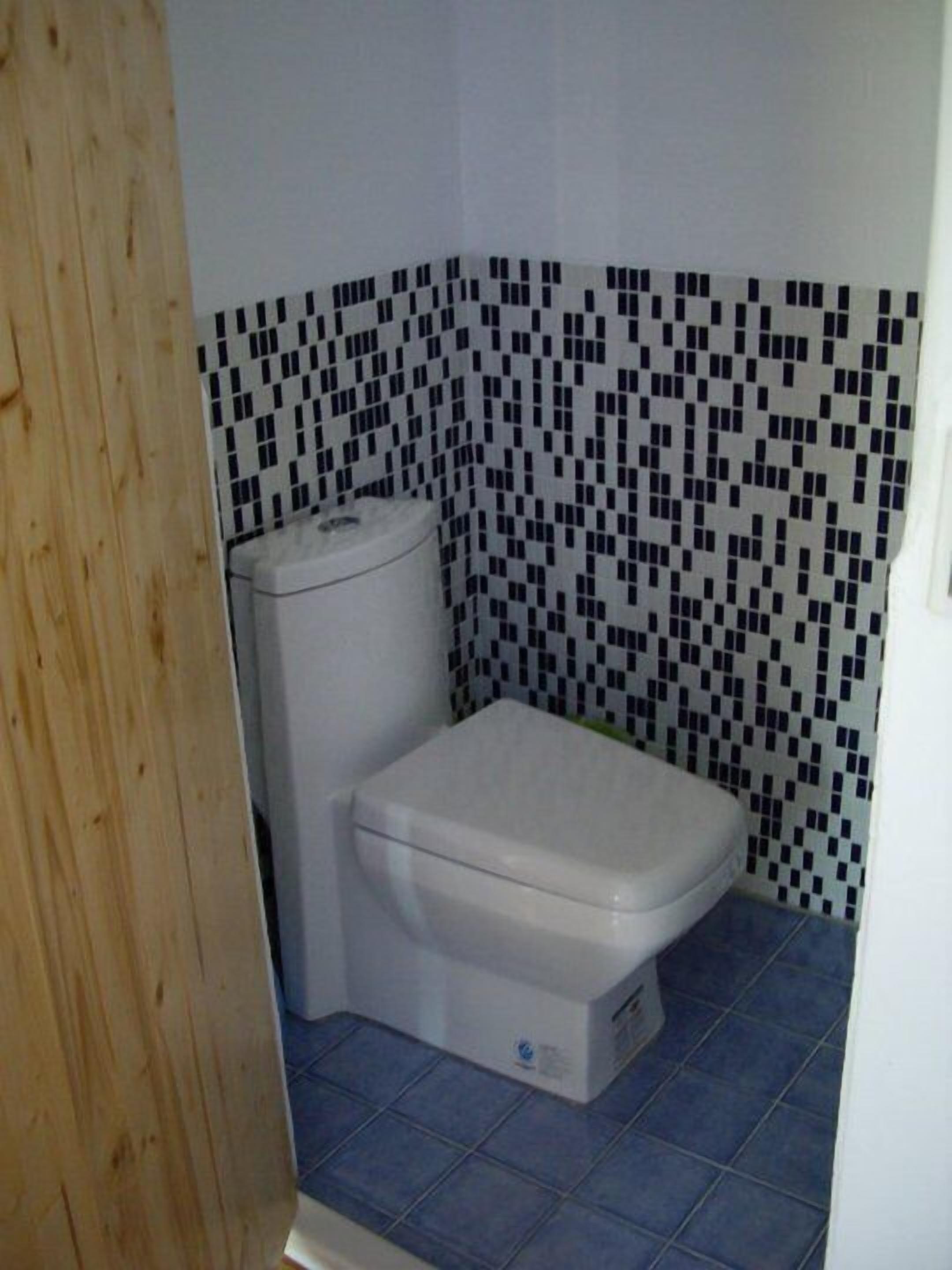 A small bathroom with a toilet, a tiled wall, and a wooden door.