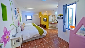 A hotel room with two beds, a bathroom, a TV, and a window with curtains. - Haisu Homestay (Hengchun)