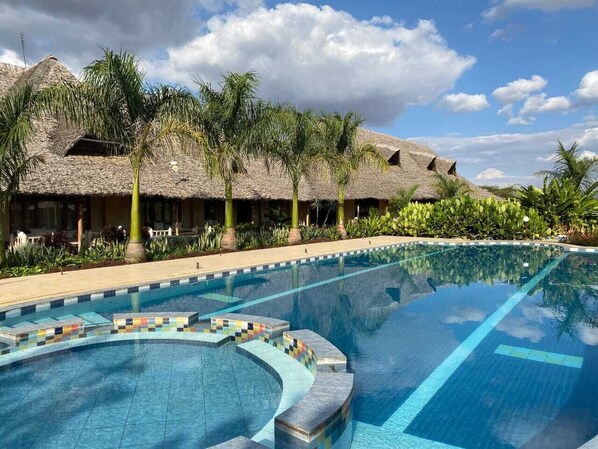 Outdoor pool, pool umbrellas, pool loungers