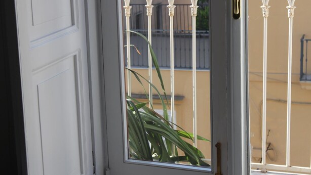 Eine weiße Tür mit Fenster und einem Metallgitter.