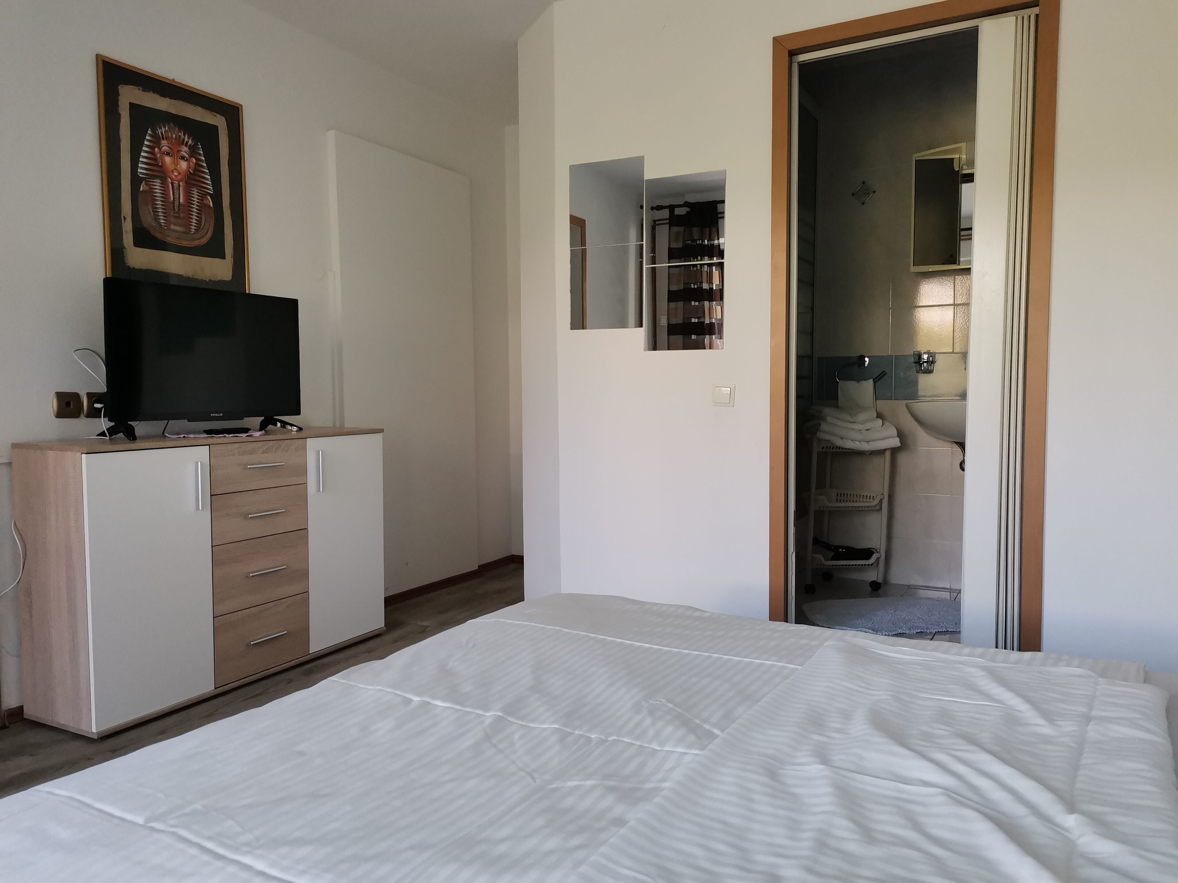 Un dormitorio con una cama, un televisor sobre un mueble de madera, un armario y un baño visible a través de una puerta abierta.