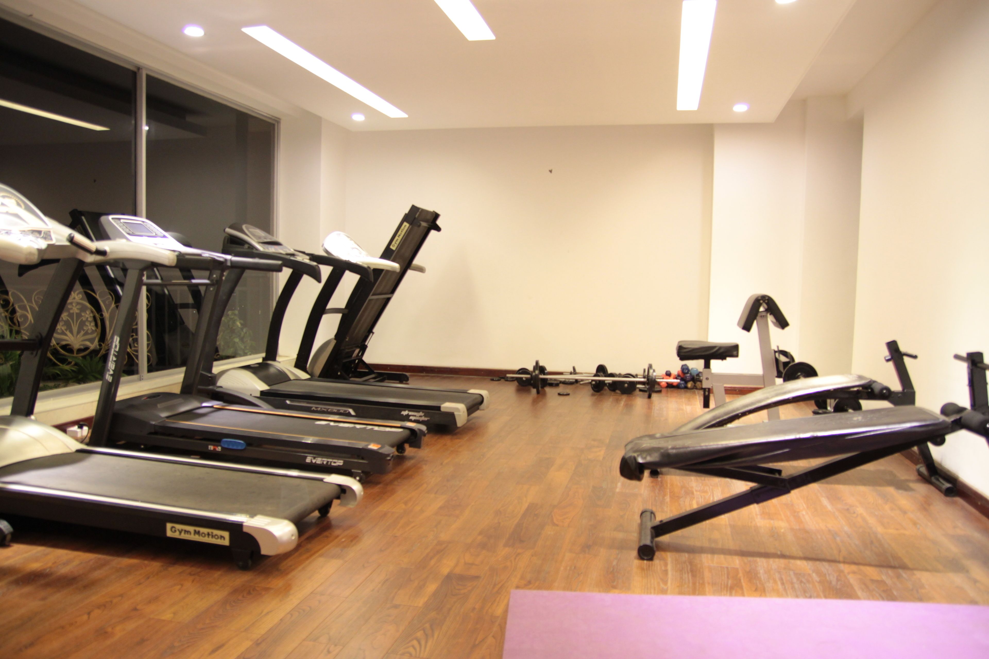 A gym with treadmills, ellipticals, and free weights.