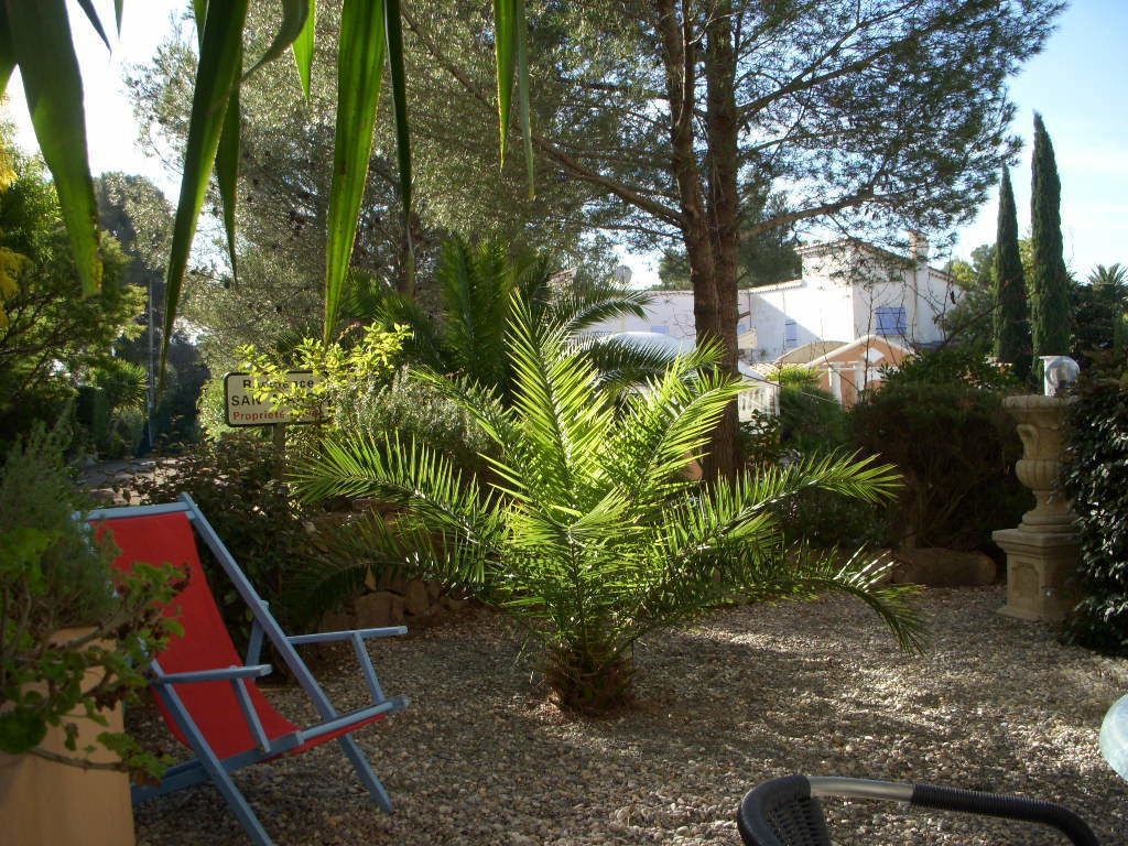 Un jardín con una silla roja, una pequeña palmera y una escultura de piedra.