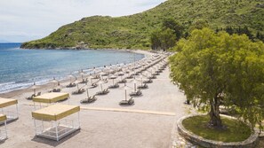A beach with rows of sun loungers and umbrellas, a stone pathway, and a tree. - Club Marma Hotel (Bodrum)
