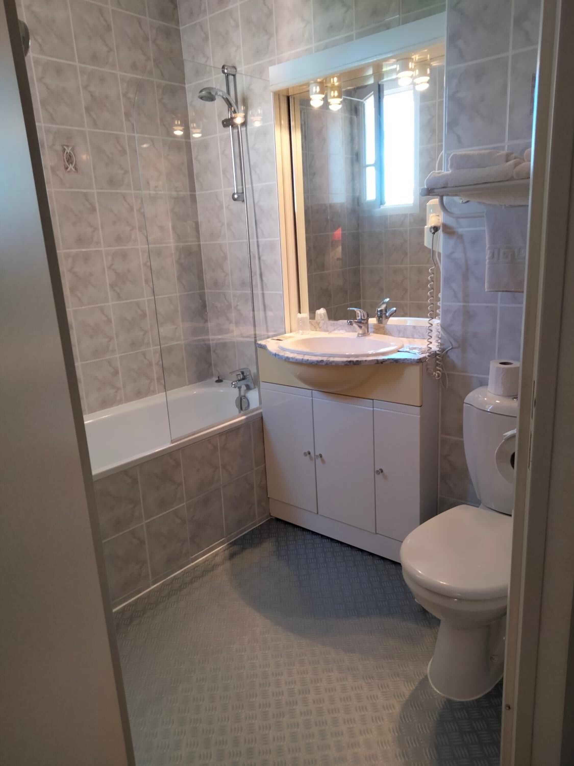 free toiletries, hair dryer, towels