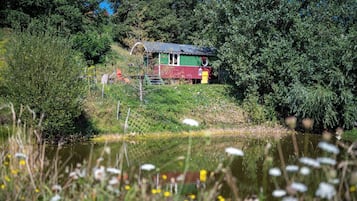 Una casa de techo rojo y paredes verdes, rodeada de abundante vegetación y una masa de agua.