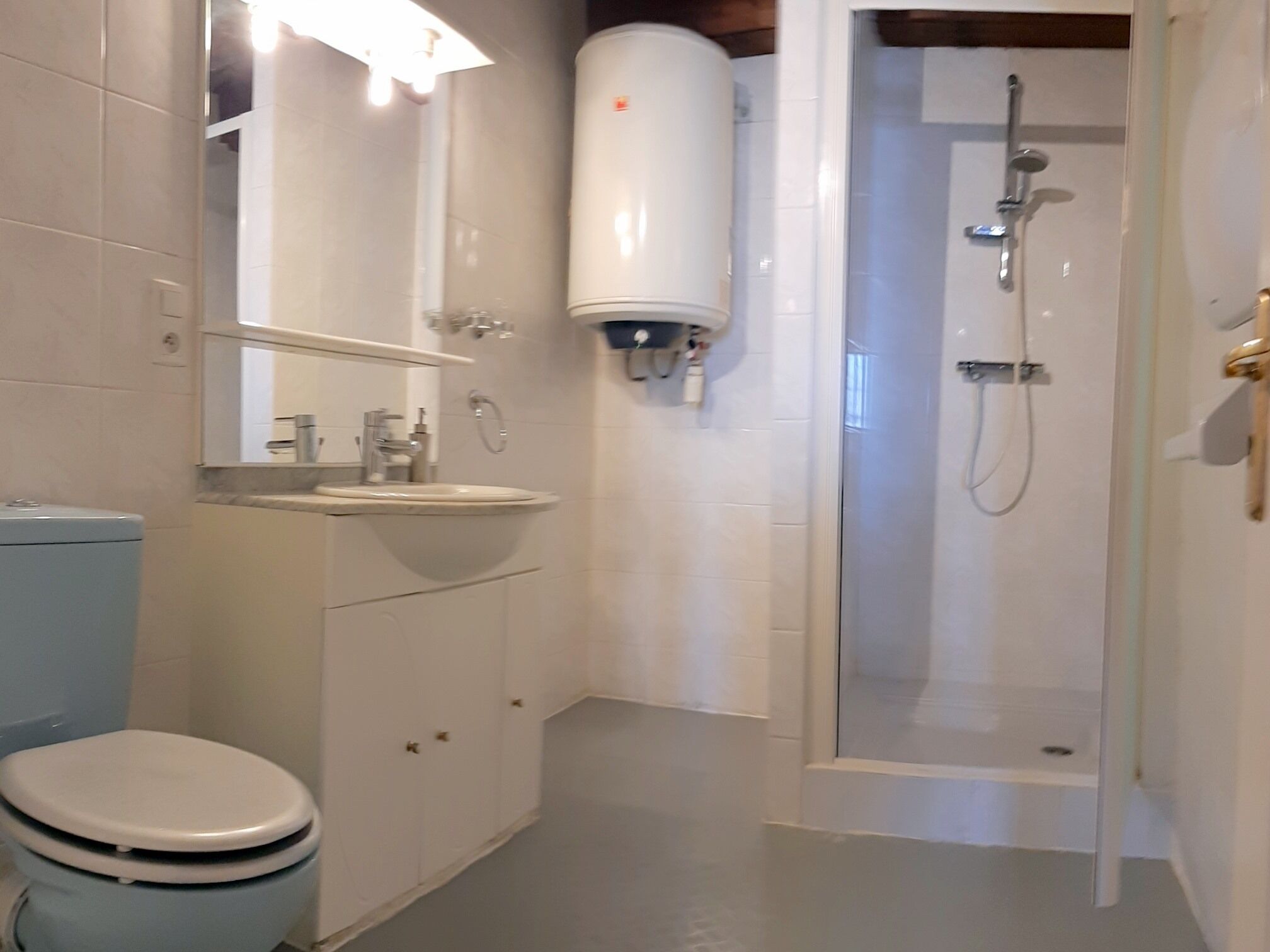 Un baño con inodoro, lavamanos, espejo y ducha.