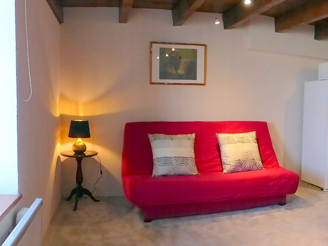 Un canapé rouge avec des coussins à motifs, une petite table avec une lampe et un tableau encadré au mur.