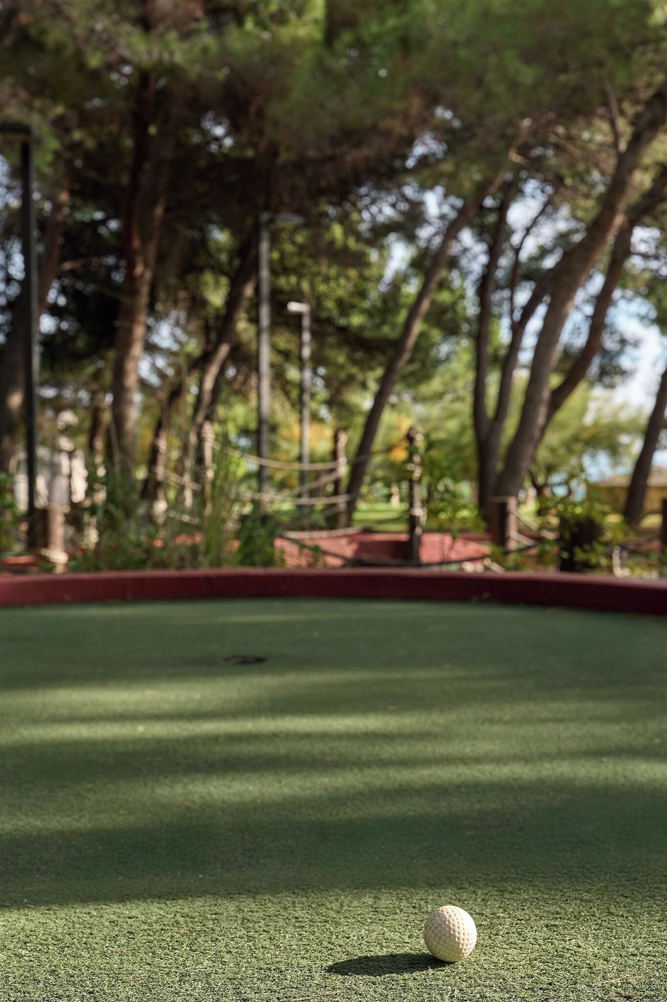 Una pallina da golf su un tappeto verde, con alberi e una recinzione sullo sfondo.