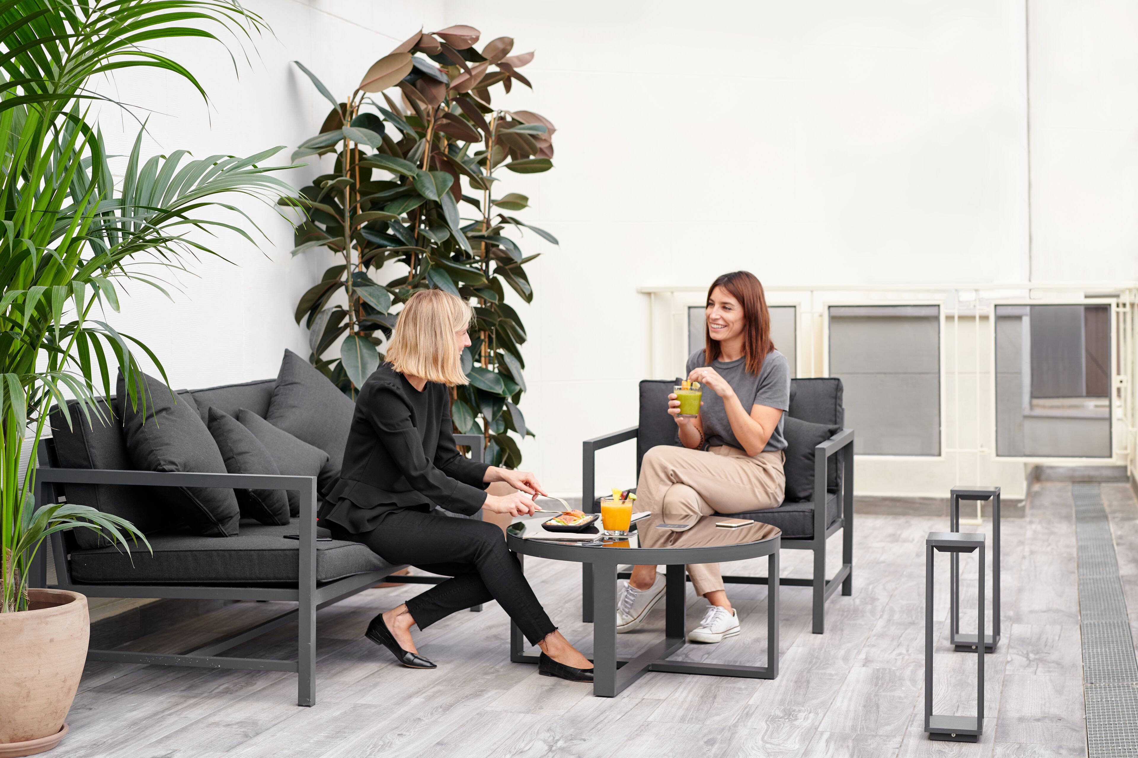 Un ambiente interior moderno con un sofá, una mesa de centro y una planta en maceta.