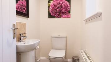 Une petite salle de bain avec un lavabo blanc, des toilettes et un radiateur. Deux tableaux encadrés représentant des motifs floraux sont accrochés au mur.