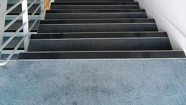 A staircase with a metal handrail and a wooden door at the top.