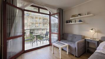 Standaard studio suite, 1 queensize bed met slaapbank | Een strijkplank/strijkijzer, gratis wifi, beddengoed