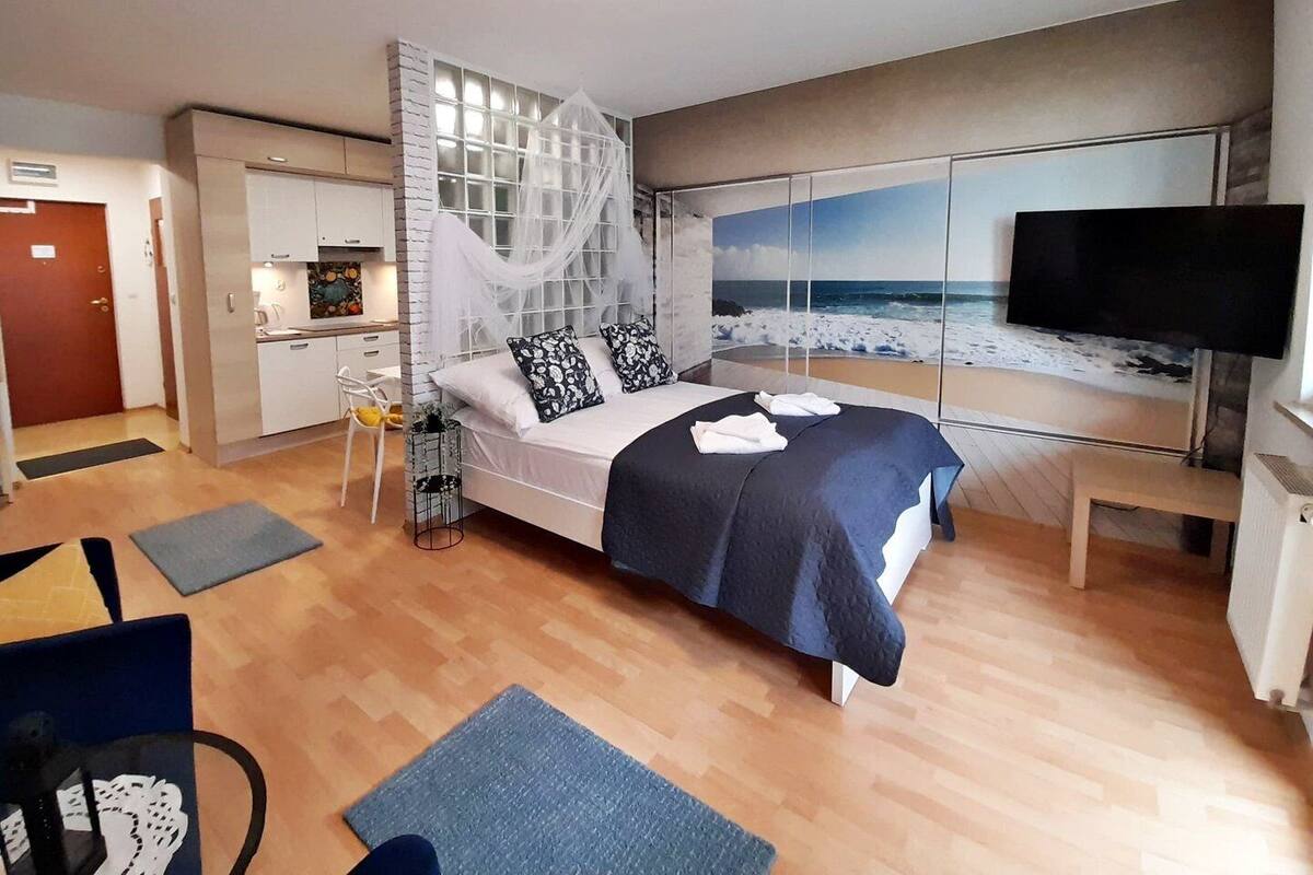 A modern bedroom with a bed, a TV, a large window with a beach view, a kitchenette, and a door.