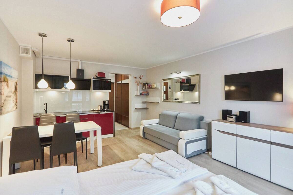 A modern, compact living space with a kitchenette, a dining area, a sofa, a TV, and a bed.