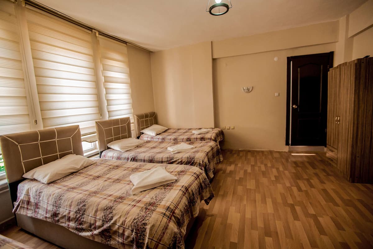 1 habitación, escritorio y tabla de planchar con plancha
