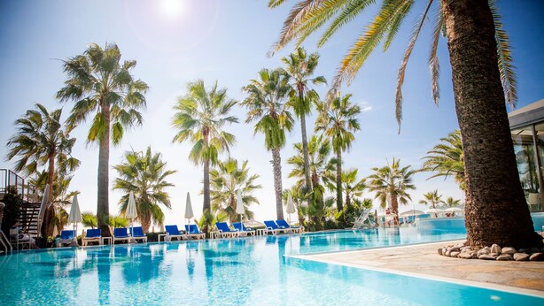 A swimming pool with blue water, surrounded by palm trees and lounge chairs. - Hotel Caravelle Thalasso & Wellness (Diano Marina)