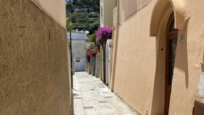 Un estrecho callejón con un edificio a la derecha que tiene una entrada en arco y una placa con un número.