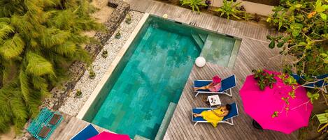 Outdoor pool, pool umbrellas, pool loungers
