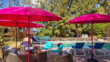 Outdoor pool, pool umbrellas, pool loungers