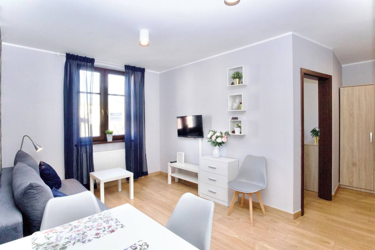 Un salon moderne comprenant un canapé, une table à manger, un téléviseur et une armoire.