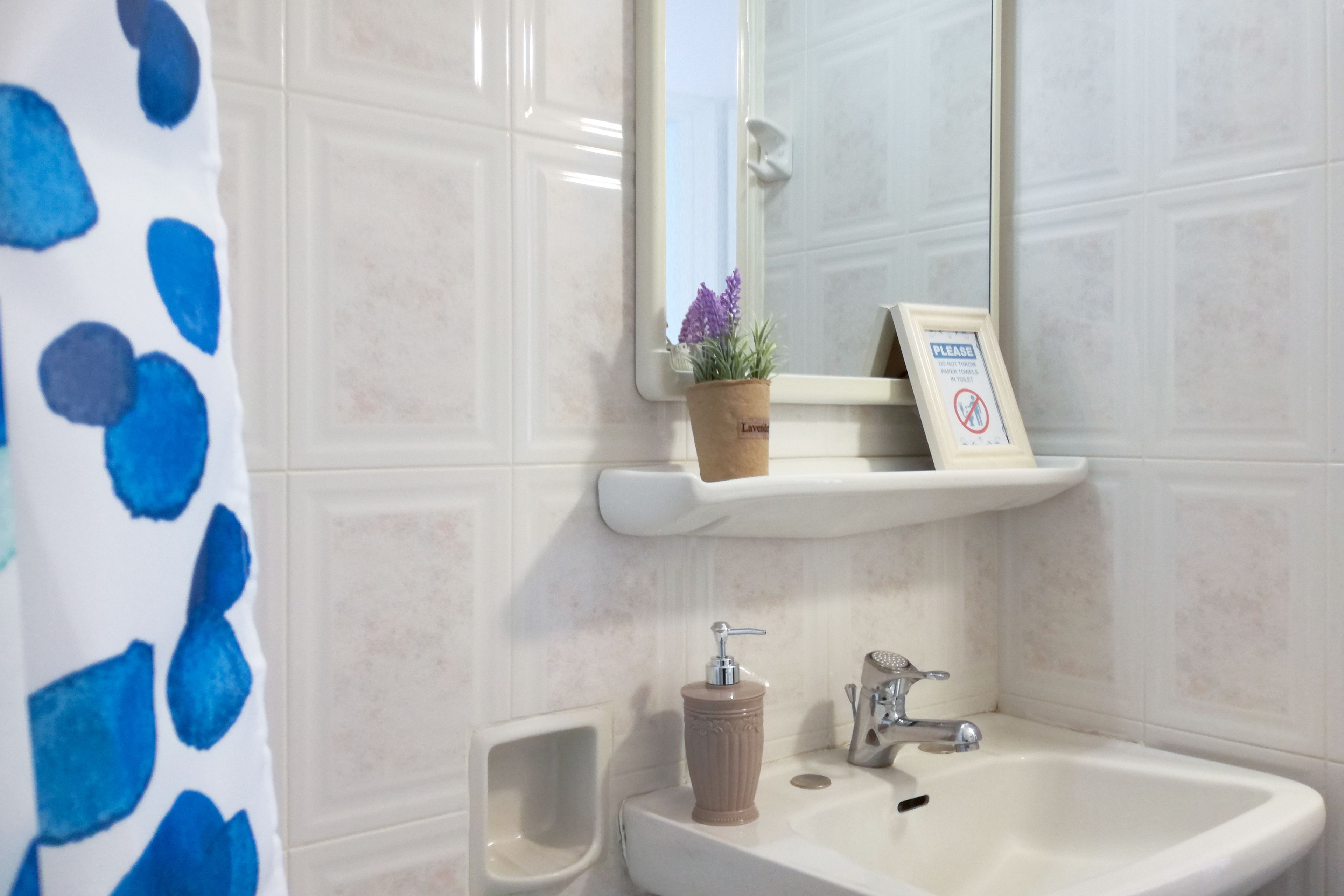 Un baño con un lavamanos blanco, un espejo, una repisa con una planta de lavanda en maceta y un cartel enmarcado.