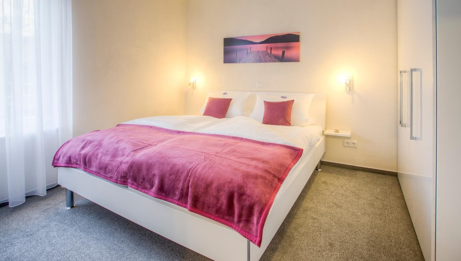 hypo-allergenic bedding, desk, blackout curtains, soundproofing