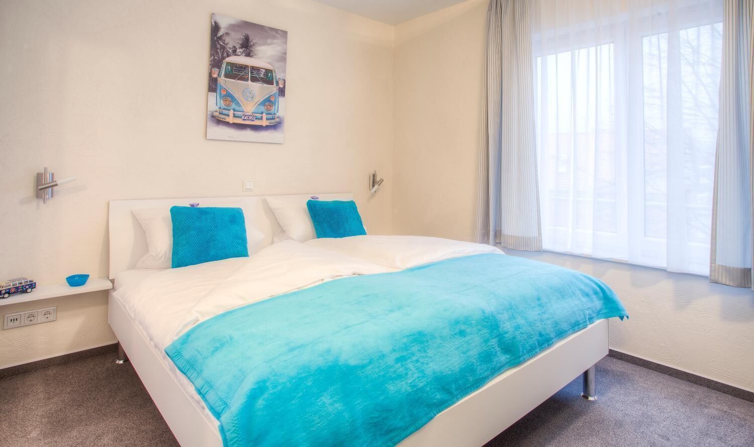 hypo-allergenic bedding, desk, blackout curtains, soundproofing