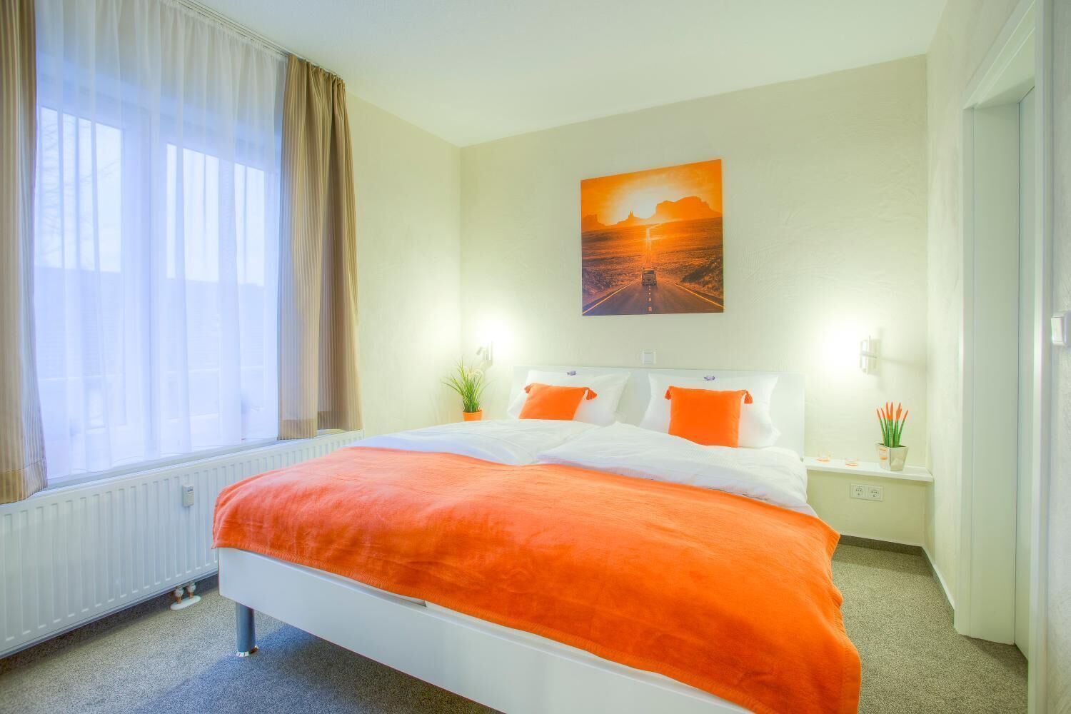 hypo-allergenic bedding, desk, blackout curtains, soundproofing