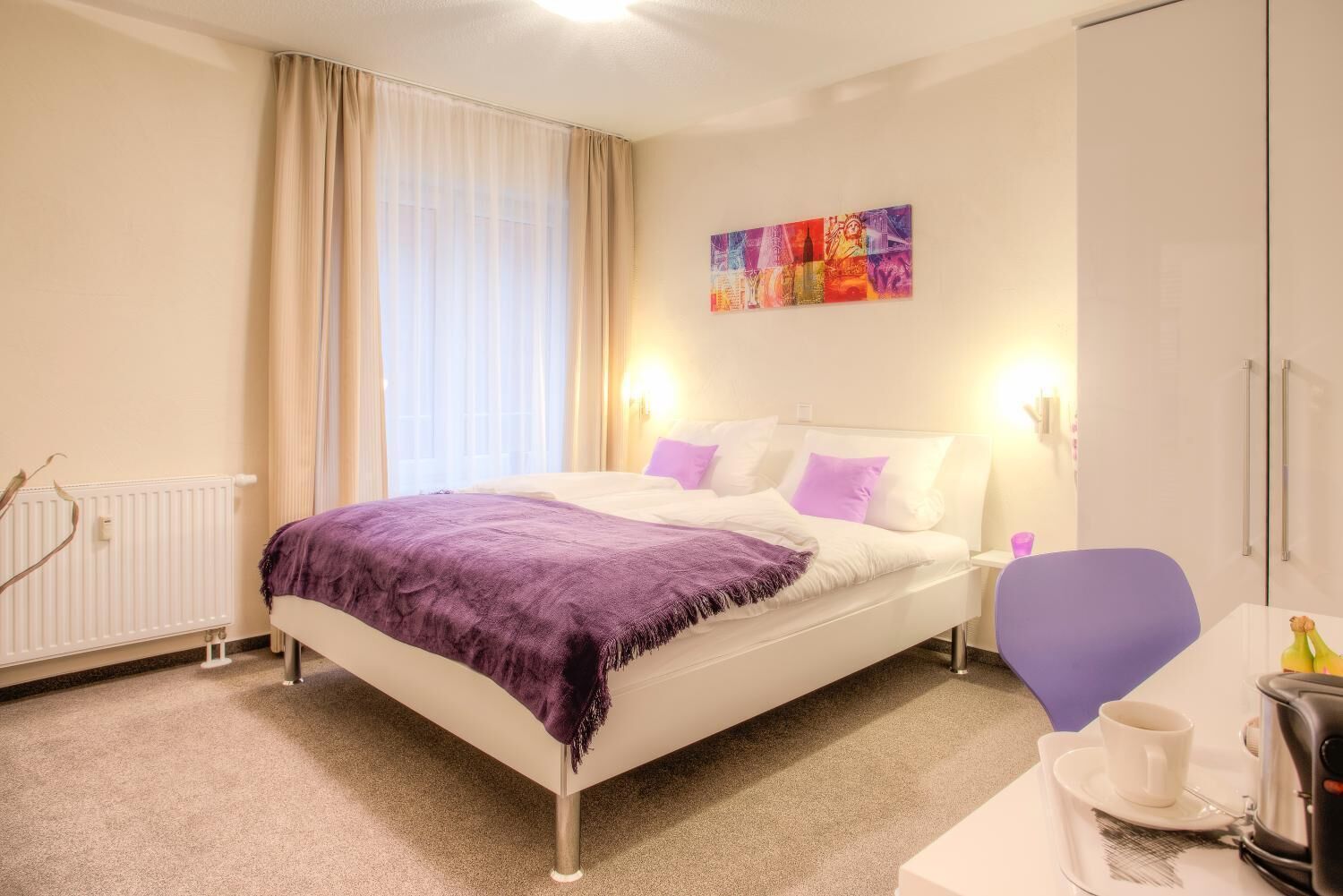 hypo-allergenic bedding, desk, blackout curtains, soundproofing