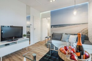 Huoneisto | 1 makuuhuone, silitysrauta/-lauta, ilmainen Wi-Fi, vuodevaatteet