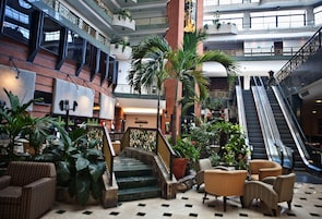 Um hall amplo com escadaria central, vários níveis e diversas áreas de estar.