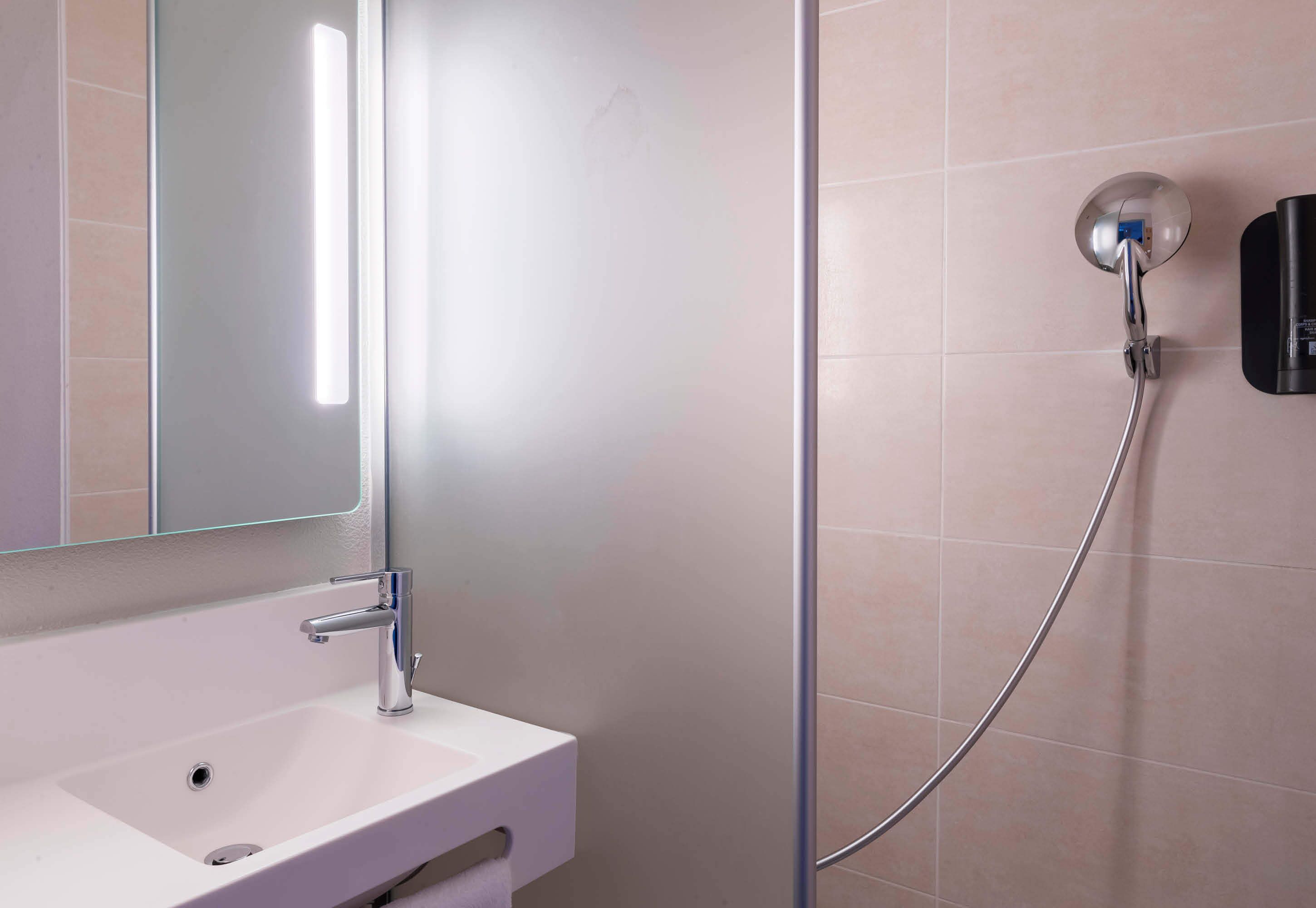 A modern bathroom with a white sink, a mirror, and a shower with a handheld showerhead.