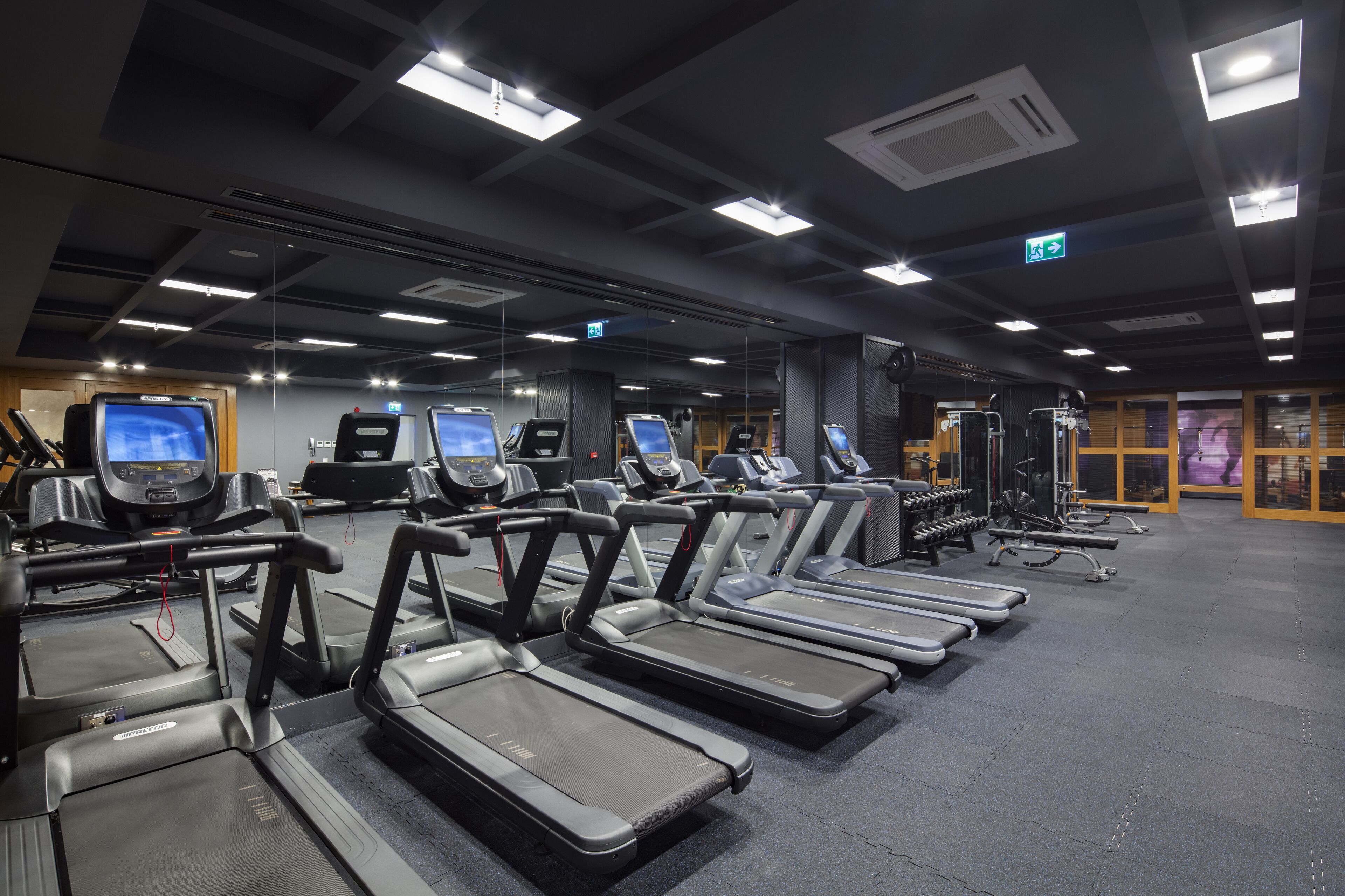 Ein Fitnessstudio mit mehreren Laufbändern, Trainingsgeräten und einem großen Spiegel.