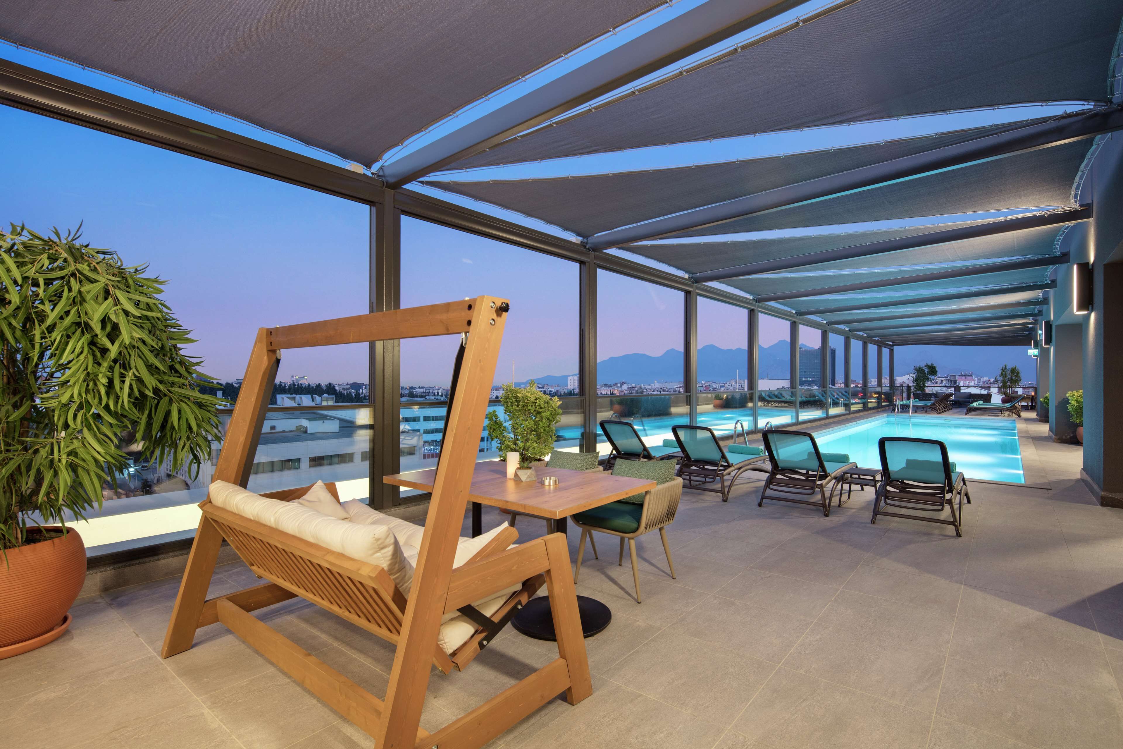 indoor pool, seasonal outdoor pool, pool loungers