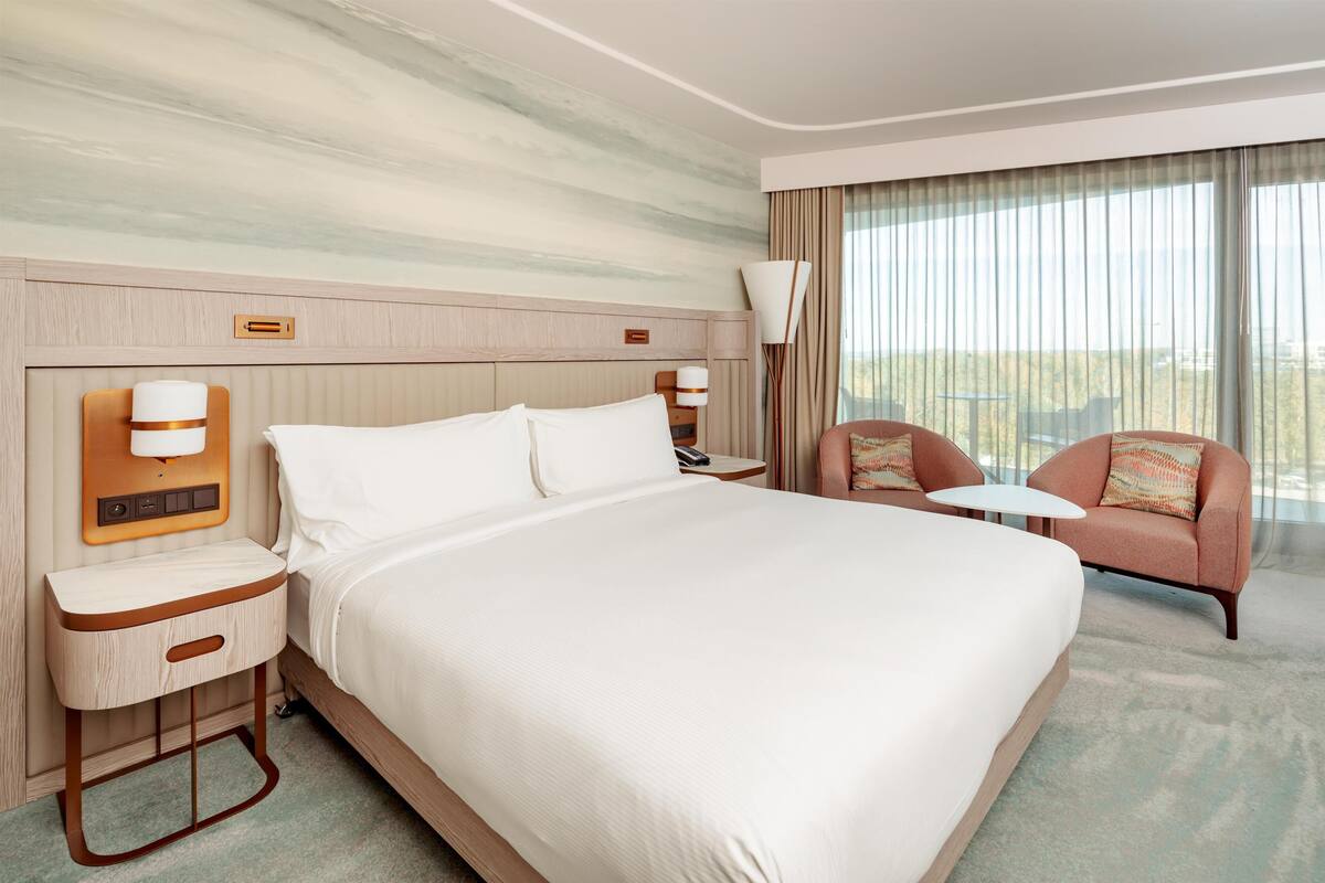 Habitación de hotel con una cama grande, una mesita de noche, una lámpara, una silla y vistas al exterior.