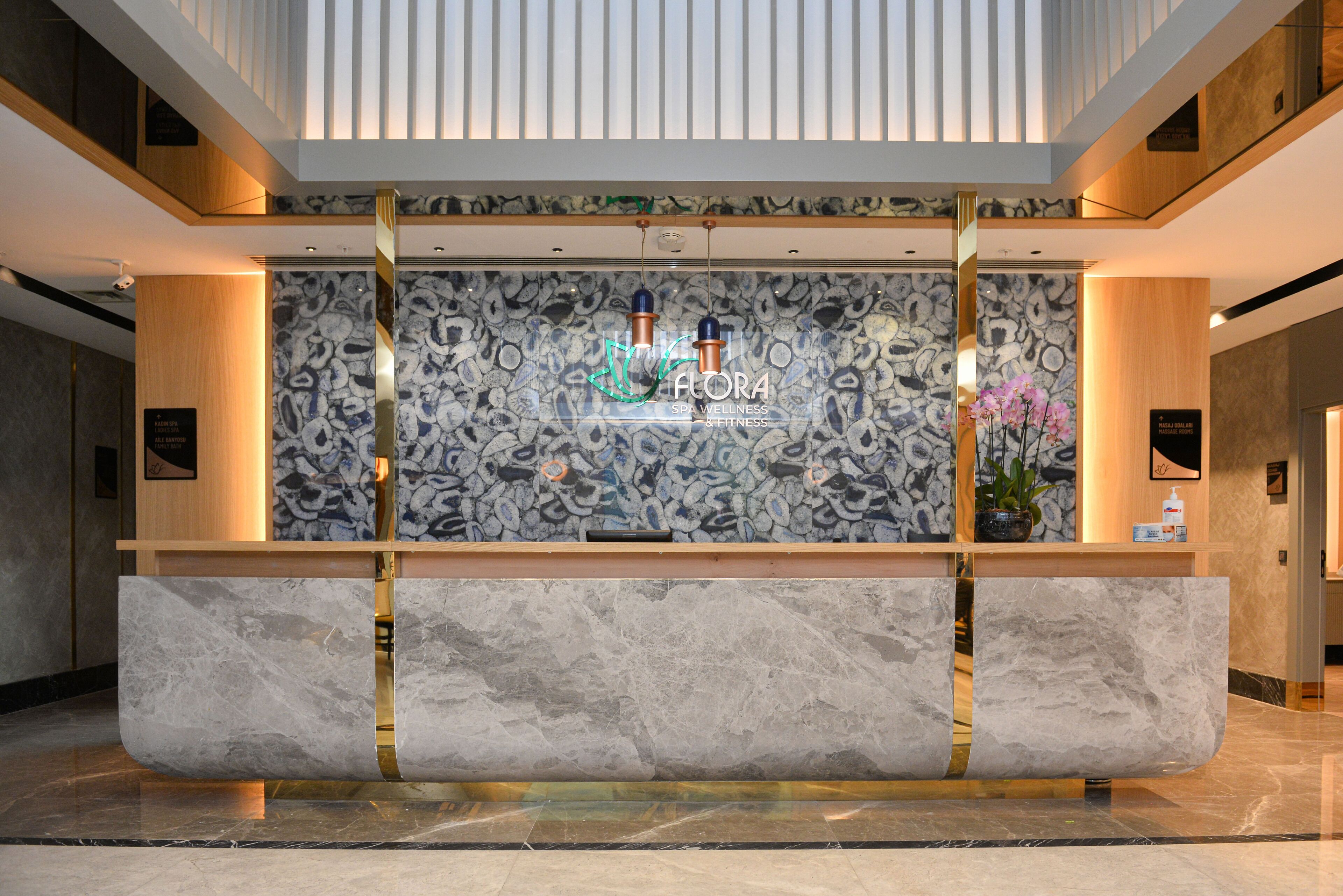 A reception desk with a stone-patterned backdrop, a logo, and a potted plant.
